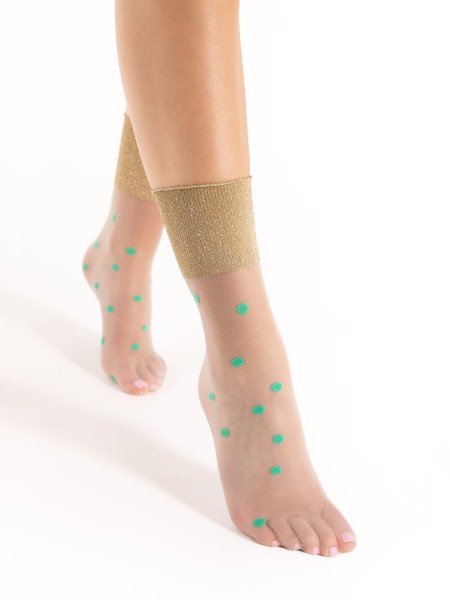 Fiore - Sheer long socks with lurex effect top and mint green polka dots