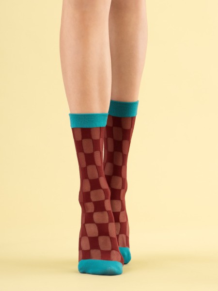 Fiore - 20 denier ankle socks with check pattern and contrast colour top