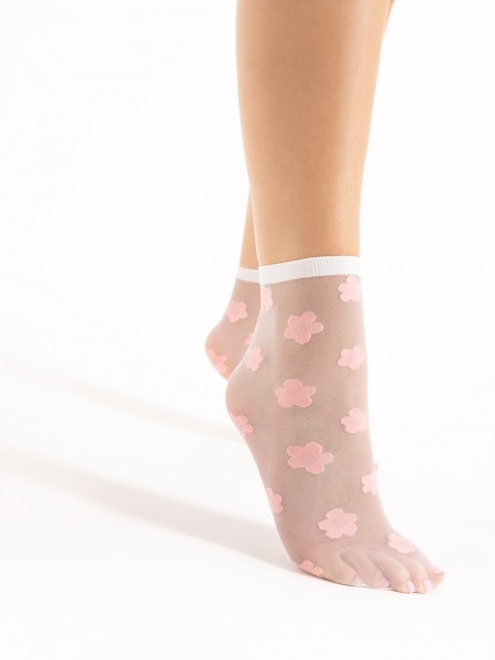 Fiore - 20 denier ankle socks with flower pattern and comfortable top