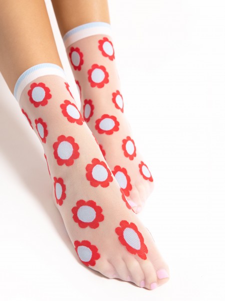 Fiore - 20 denier ankle socks with flower pattern and comfortable top in pastel colour